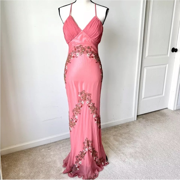 Vintage 90s 100% Silk Bead Dress Silk Dress Floral Prom Dress Fairy Cottage Pink - Picture 8 of 17